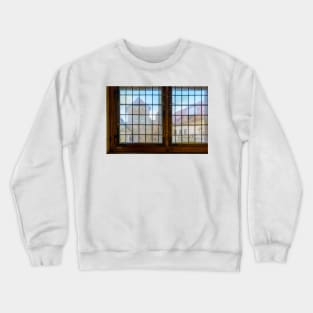 Ruins and tower of castle through vintage stained-glass window Crewneck Sweatshirt